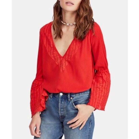 Free People Vermillion Boho Bell Sleeve Top In Red - Picture 3 of 3
